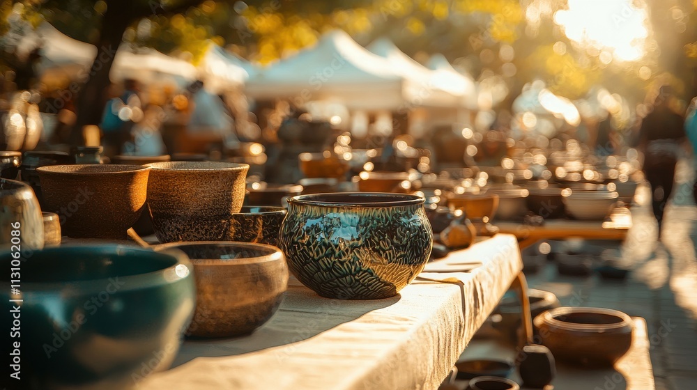 Fototapeta premium Artisan pottery showcase at craft market afternoon light outdoor event setting