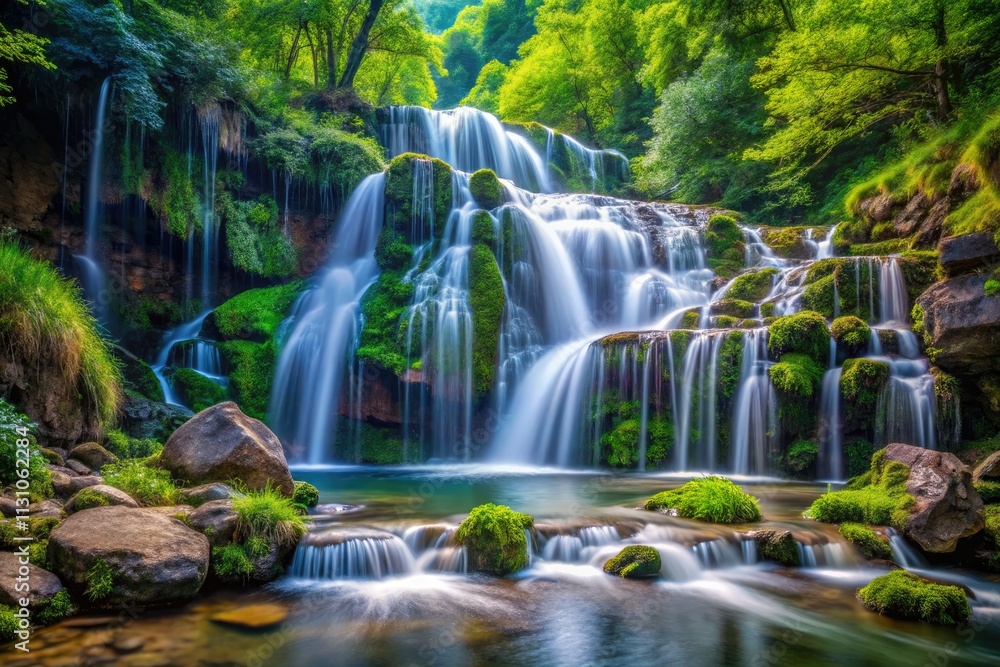 Obraz premium Close-Up View of Cascading Waterfall Over Rocks with Lush Greenery and Crystal Clear Water, Nature's Serenity in High Depth of Field, Perfect for Nature Lovers and Landscape Photography Enthusiasts