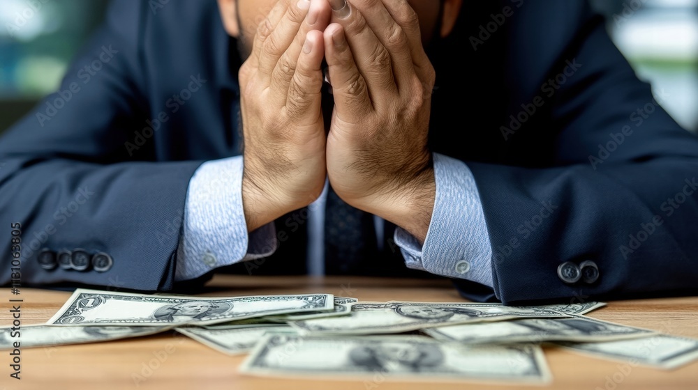 Obraz premium Stressed businessman covering face with hands, money on table, isolated background.