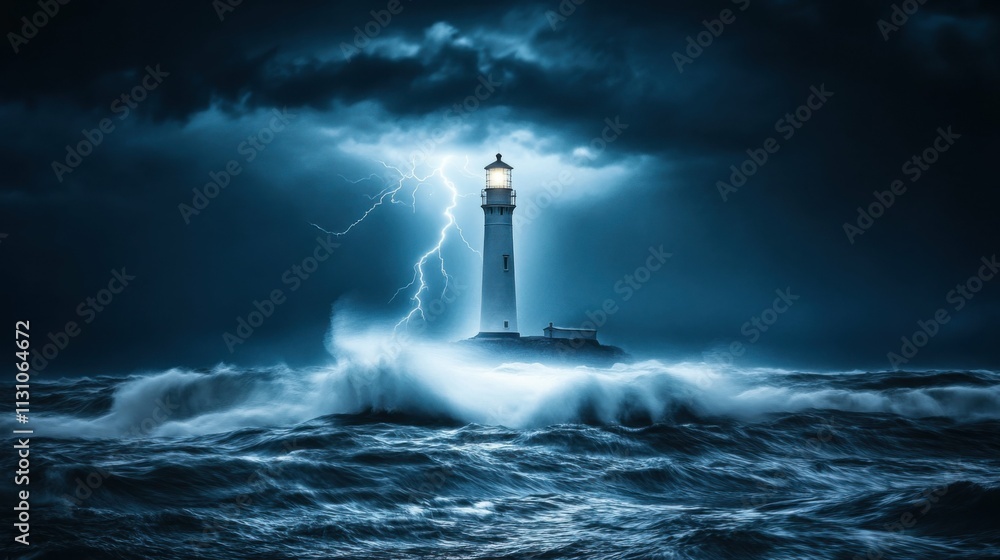 Fototapeta premium Dark stormy ocean at night, crashing waves, flashes of lightning illuminating distant lighthouse, cold air, eerie atmosphere, sense of power and danger