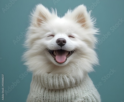 A fluffy white Pomeranian puppy sits on a blue background, showcasing its adorable, purebred charm in this captivating studio portrait dog smile  photo