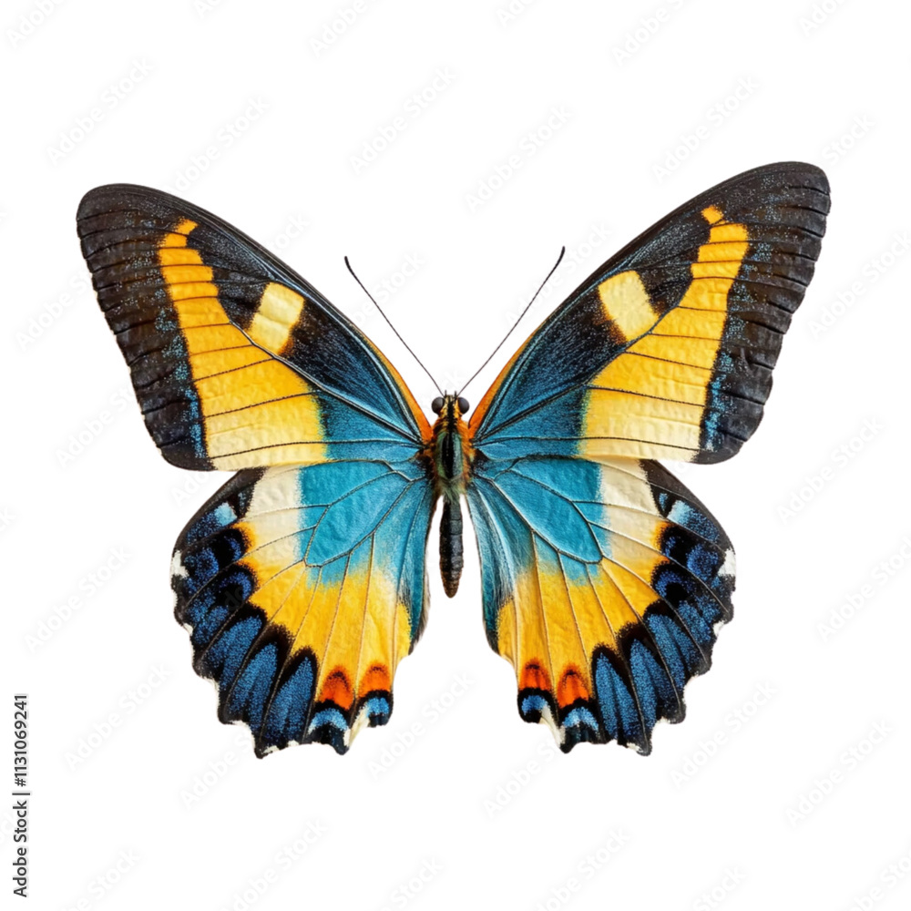 Fototapeta premium Blue yellow orange butterfly isolated on a transparent background