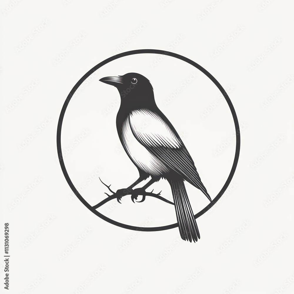 Obraz premium Monochrome illustration of a magpie perched on a branch within a circle.