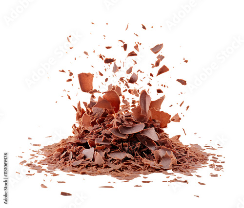 Close up of milk chocolate shavings scattered and falling, showing a dynamic explosion of fragments. Isolated cutout on transparent or white background.