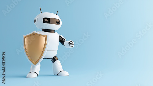 Futuristic robotic character with a shield symbolizing protection and technology on a blue backdrop