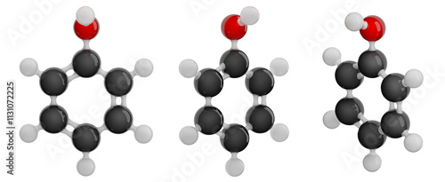 Molecule of Phenol. Set of views. Molecular formula: C6H6O. Chemical model: Ball and Stick. Isolated. Transparent background. PNG transparent. 3D illustration photo