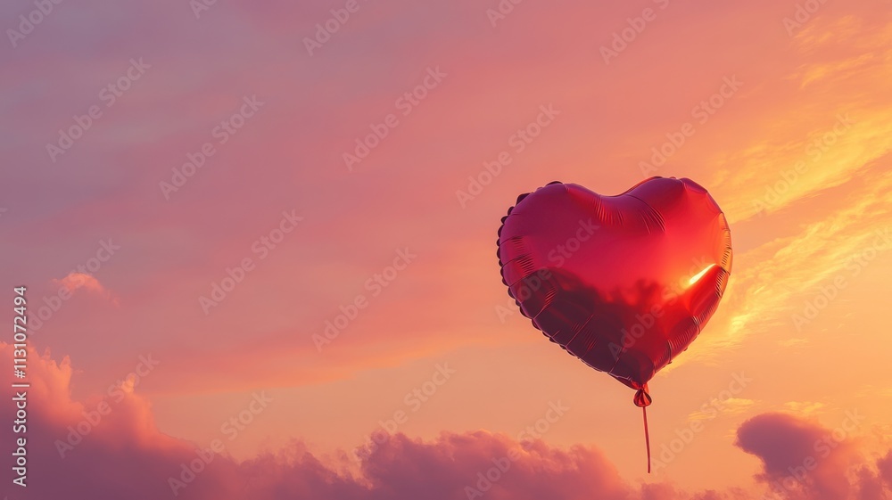 Obraz premium Balloon reflecting golden light, soft pink sky and calm romantic atmosphere. Valentine's Day