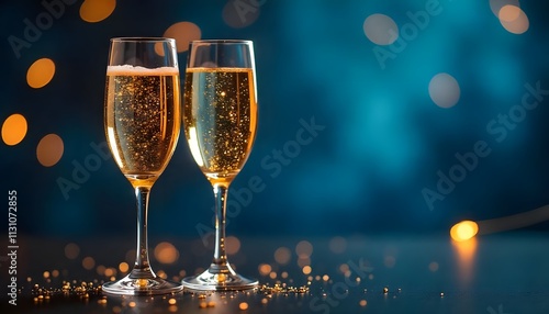 Celebrations of New Year,  Happy New Year - Champagne Toast Celebration - Glass With Golden Glittering On Blue Abstract Background With Defocused Bokeh Lights, Drink night Party photo