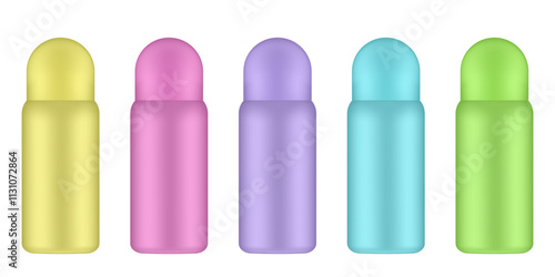 Set of cosmetic bottles for lotion or body milk. Yellow, pink, purple, green and blue bottles. Cream, shampoo, shower gel or body lotion	
