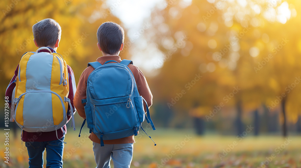 Fototapeta premium Two schoolchildren with backpacks walking in autumn park, surrounded by colorful leaves and warm sunlight. Their joyful expressions reflect beauty of season