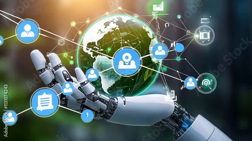 A robot is holding a globe with a lot of information on it