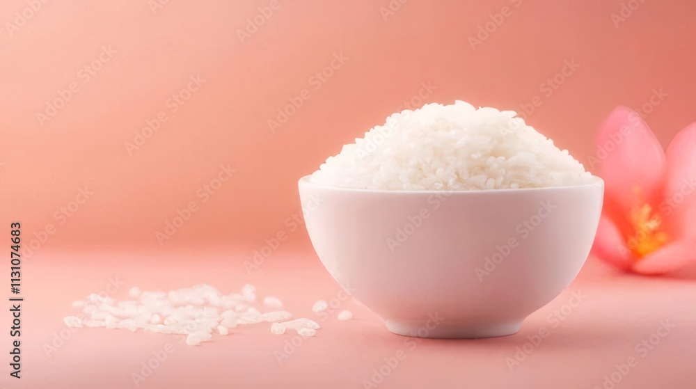 Cooked white rice in a bowl with a pink flower. Cooked white rice in a bowl with a pink flower.