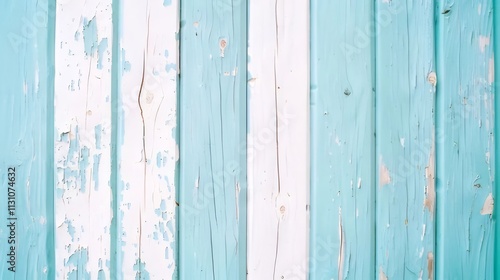 Weathered teal and white painted wooden planks background texture. photo