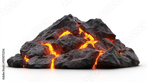 Rocks and stones with glowing lava in cracks, mountain texture, nature elements, geological materials or pc game formation. Volcano eruption isolated on white background. Cartoon vector illustration photo