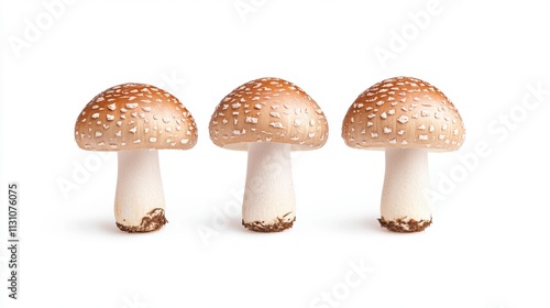 Three fresh mushrooms with a light brown cap and white stem, arranged neatly against a white background.