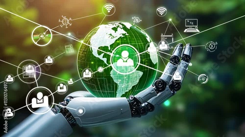 A robot is holding a globe with a lot of information on it