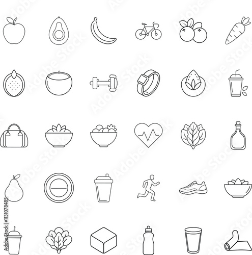 Healthy Lifestyle Icons Fitness, Nutrition, and Wellness Symbols