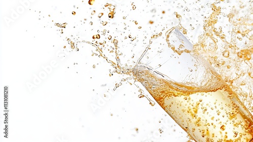 White wine champagne splashing in a glass on white background