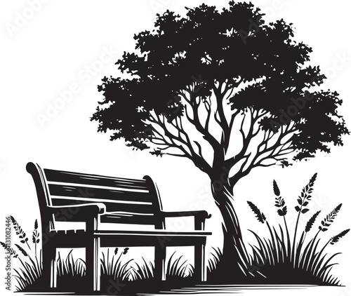 Wooden bench beside a beautiful tree silhouette vector illustration isolated on a white background