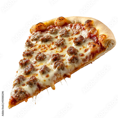 Front view of a hyperrealistic slice of sausage and cheese pizza levitating in mid-air, isolated on a white transparent background