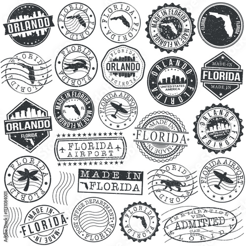 Orlando, FL, USA Set of Stamps. City Travel Marks. Made In Product. Design Seals Old Style Insignia.