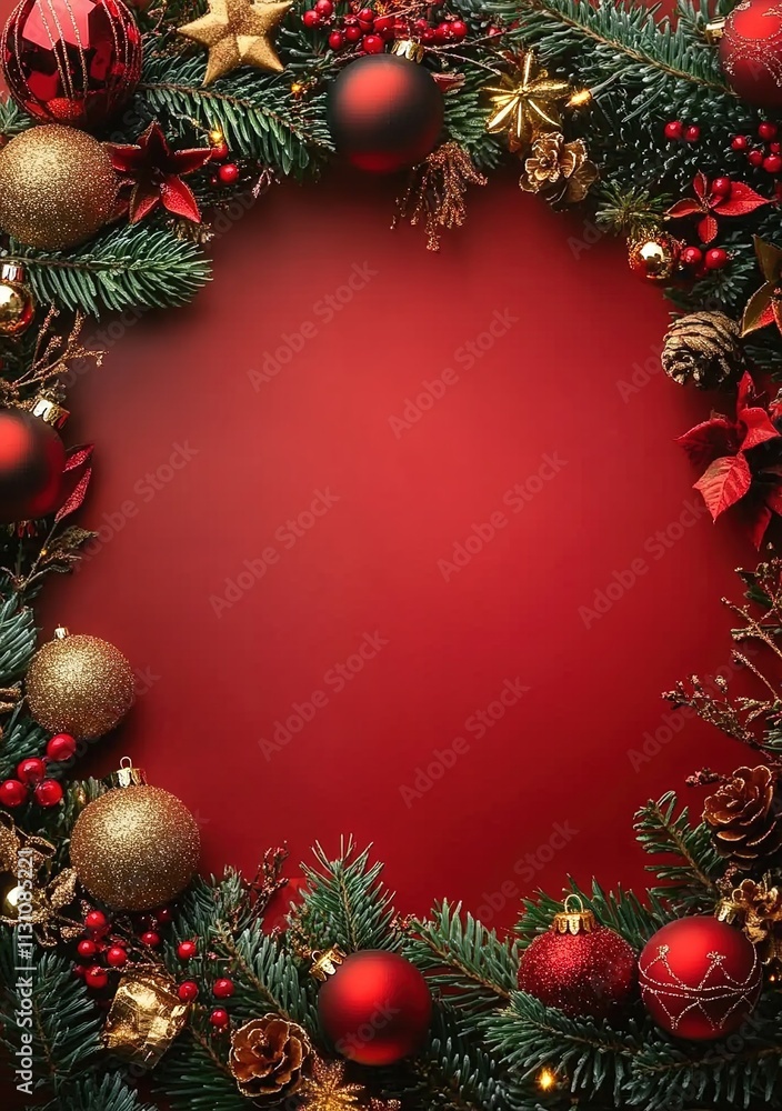 Christmas wreath frame with red and gold decorations, on a red background, a Christmas card template. Christmas wreath frame with red and gold decorations, on a red background, a Christmas card template.