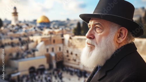 Elderly Jewish man reflecting in Jerusalem with a view of the Western Wall photo