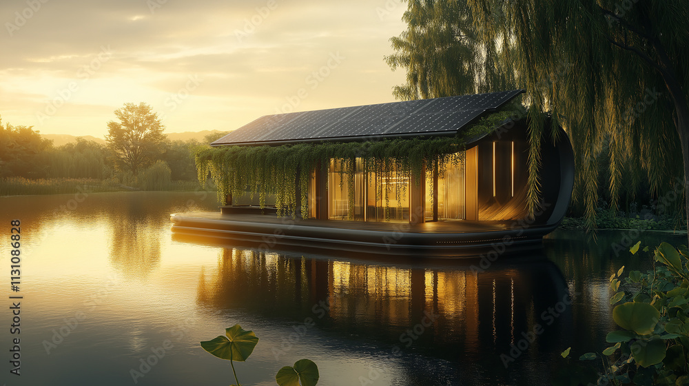 Obraz premium Futuristic eco-friendly home floating on a serene lake, solar panels embedded in a reflective glass roof, lush green vines hanging down, captured at sunset with golden lighting