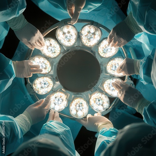 Surgical team performing complex operation hospital surgery room medical procedure professional environment overhead view healthcare innovations