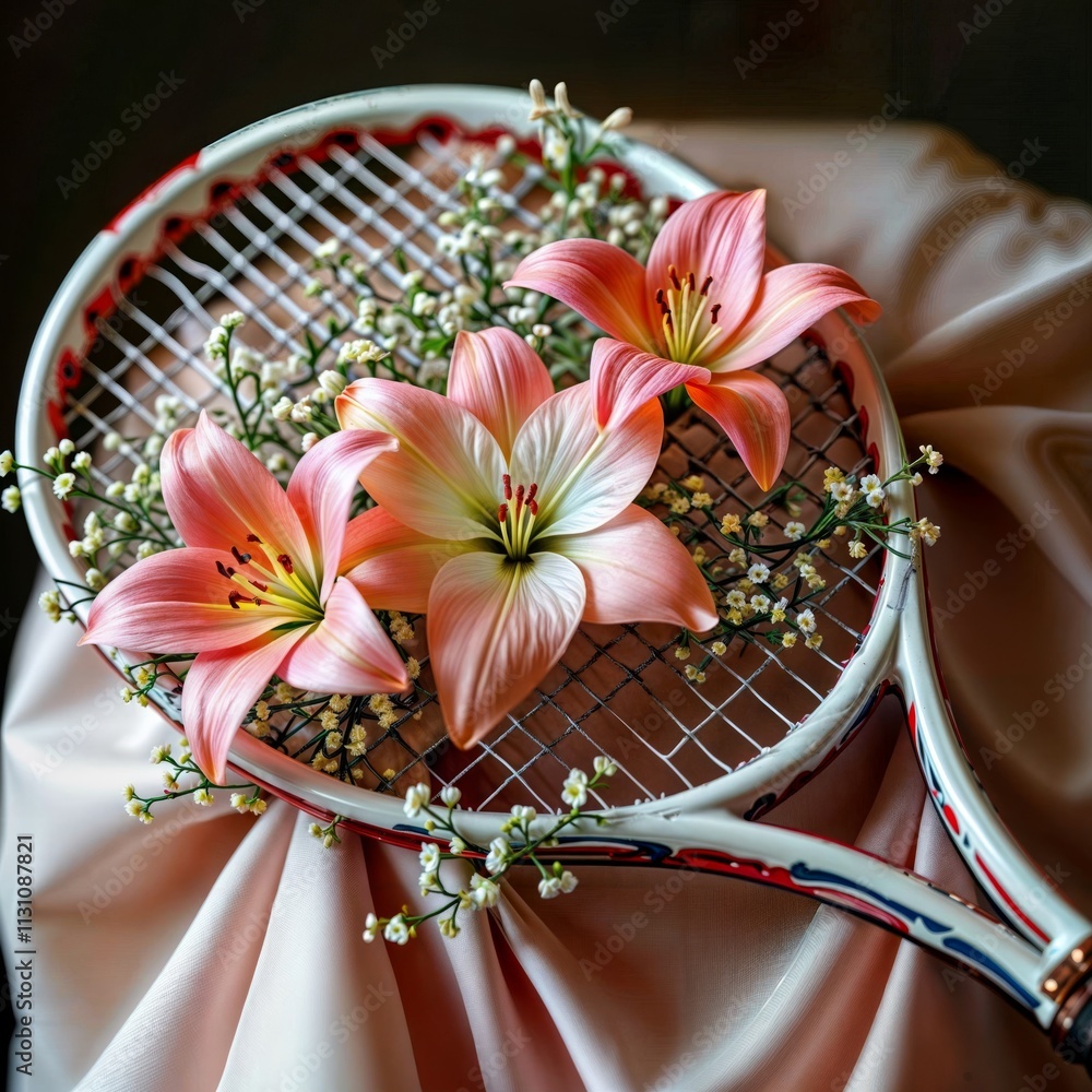 Tennis Racket with Lilies. A tennis racket adorned with pink lilies and small white flowers, placed on a soft pink fabric.