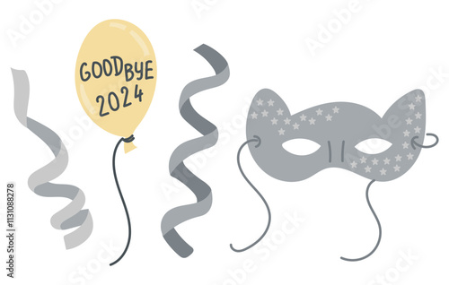 Festive illustration with New Year party items, such as balloon, silver mask with stars, and curling ribbons in minimalist flat style. Vector hand drawn clipart isolated on white background