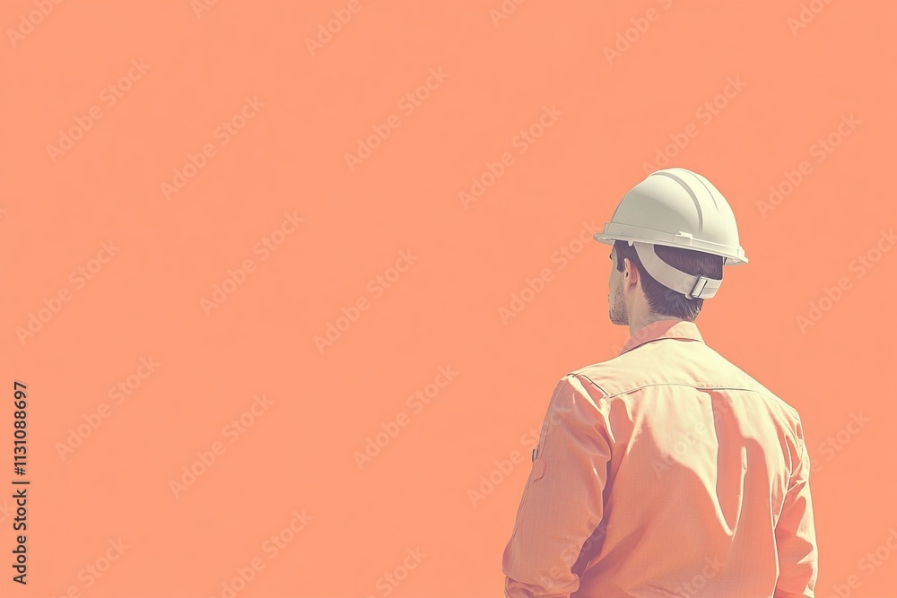 Construction Worker in Hard Hat Against Minimalist Orange Background for Industry and Safety Themes Construction Worker in Hard Hat Against Minimalist Orange Background for Industry and Safety Themes