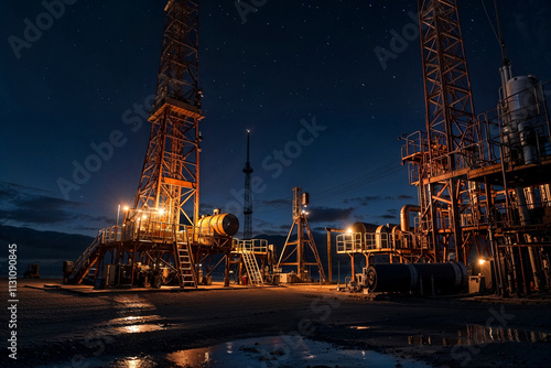 Modern oil well with pipes and drills at starry night, nighttime working. Drilling derricks, oilfield for fossil fuels output and crude oil production. Petroleum produced concept. Copy ad text space photo