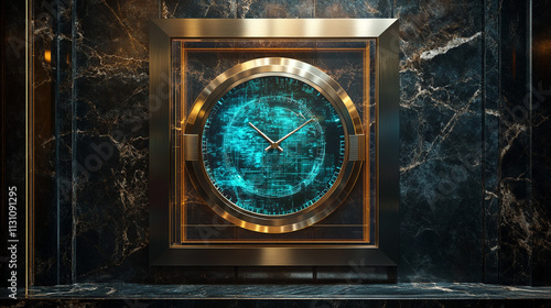 An elegant wall clock featuring a floating holographic display surrounded by a brushed steel frame, mounted on a dark marble wall