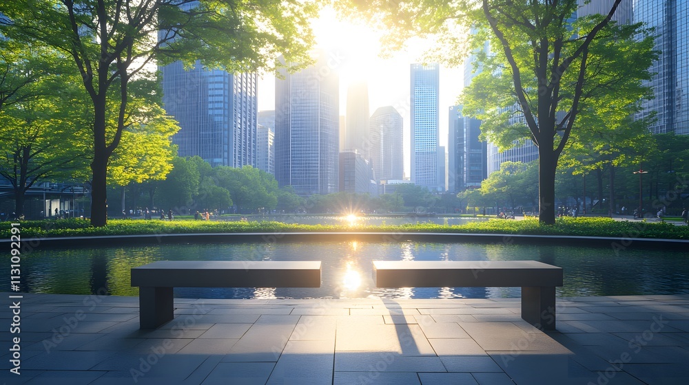 Obraz premium Tranquil urban park sunrise with benches.