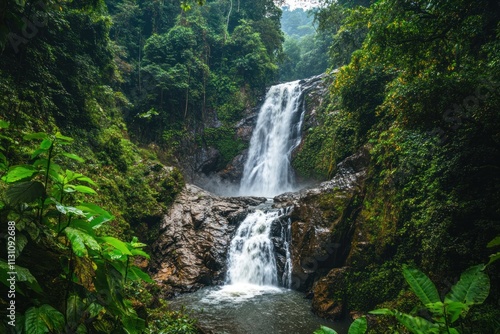 Lush green rainforest with a cascading waterfall surrounded by rocks and vibrant foliage in a serene jungle setting