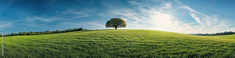 Obraz premium Green grassy field under a vibrant blue sky with fluffy white clouds in a peaceful rural landscape