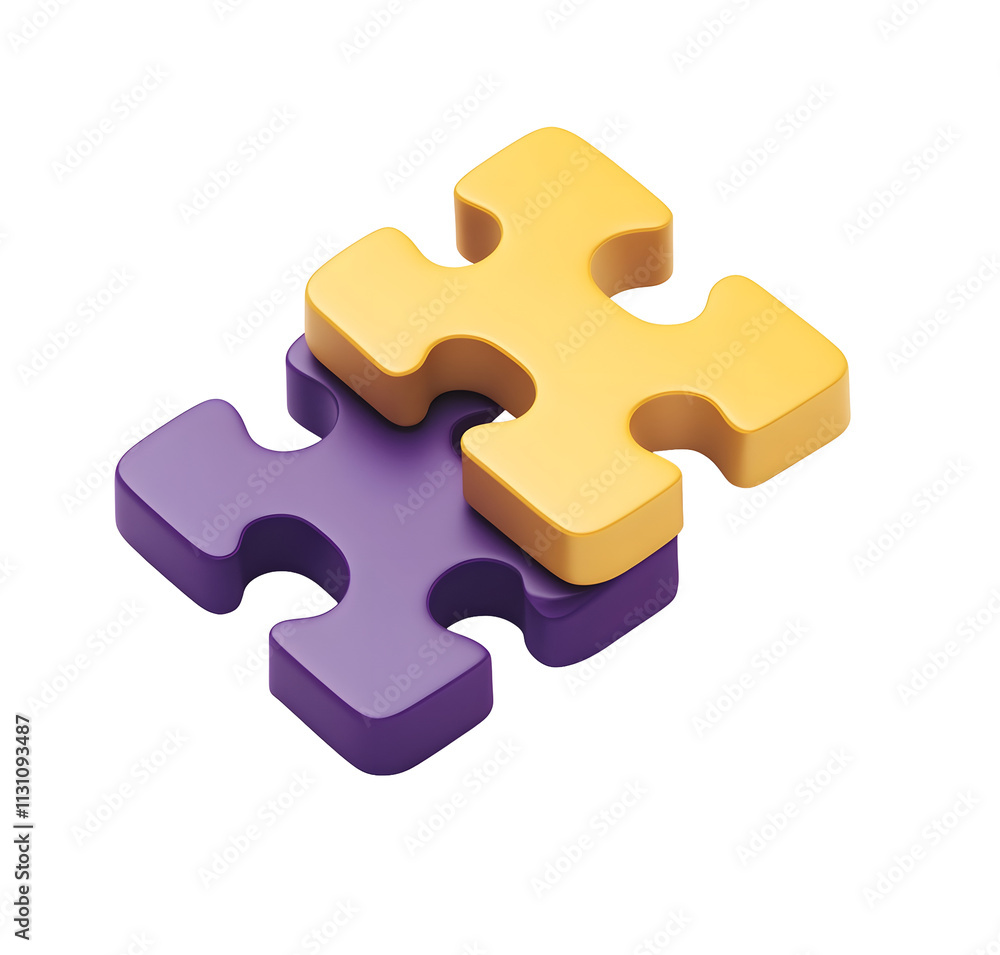 Obraz premium Two interlocking puzzle pieces in purple and yellow.