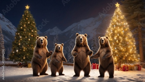 bear in the snow Christmas decoration  tree background.