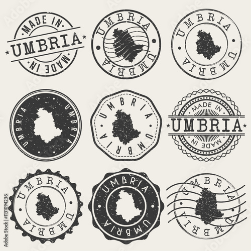 Umbria, Italy Set of Stamps. Country Travel Marks. Made In Product. Design Seals Old Style Insignia.