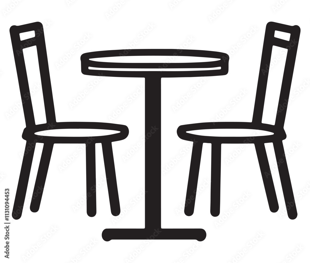 Fototapeta premium Cartoon two chairs and table on a white background, Restaurant hall table chair icon silhouette