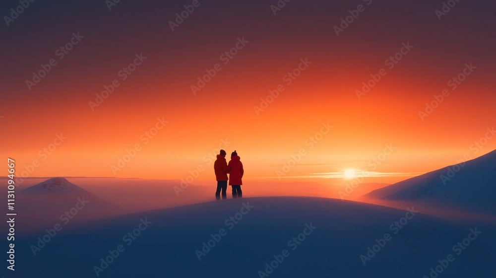 Fototapeta premium Romantic Couple Watching Beautiful Sunset Over Snowy Mountains at Dusk