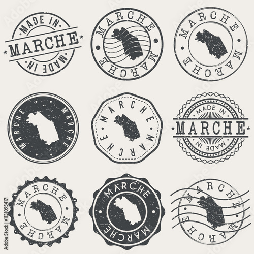 Marche, Italy Set of Stamps. Country Travel Marks. Made In Product. Design Seals Old Style Insignia.