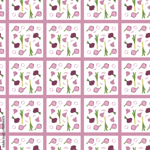 Seamless pattern of pink and green floral motifs on white grid background.