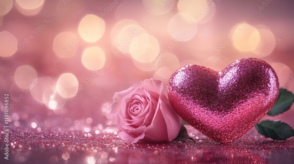 Obraz premium Sparkling Pink Heart and Rose on Glittery Background for Romantic Themes and Celebrations