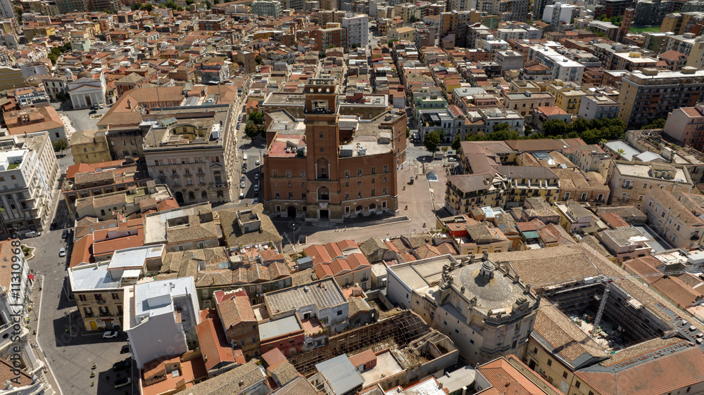 Fototapeta premium Aerial view of the City Hall of Foggia in Puglia, Italy. The Town Hall is located in the historic center of the city.