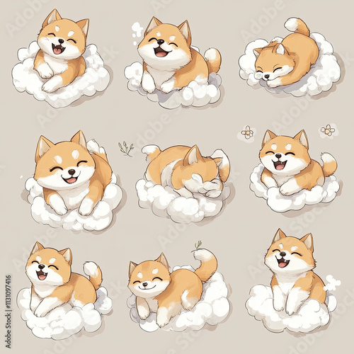 Playful Shibas Rolling in Abstract Clouds