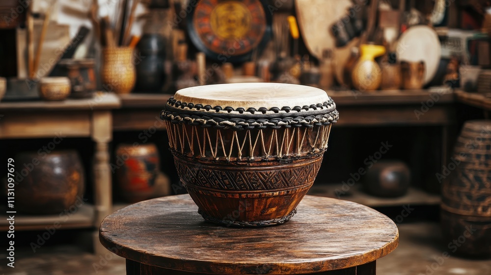 Fototapeta premium Ancient Wooden Drum in a Traditional Workshop