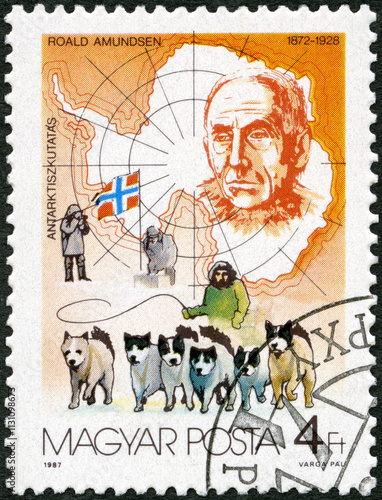 HUNGARY - 1987: shows Roald Engelbregt Gravning Amundsen (1872-1928), Norwegian explorer of polar regions, map, explorer and scene, 1987 photo