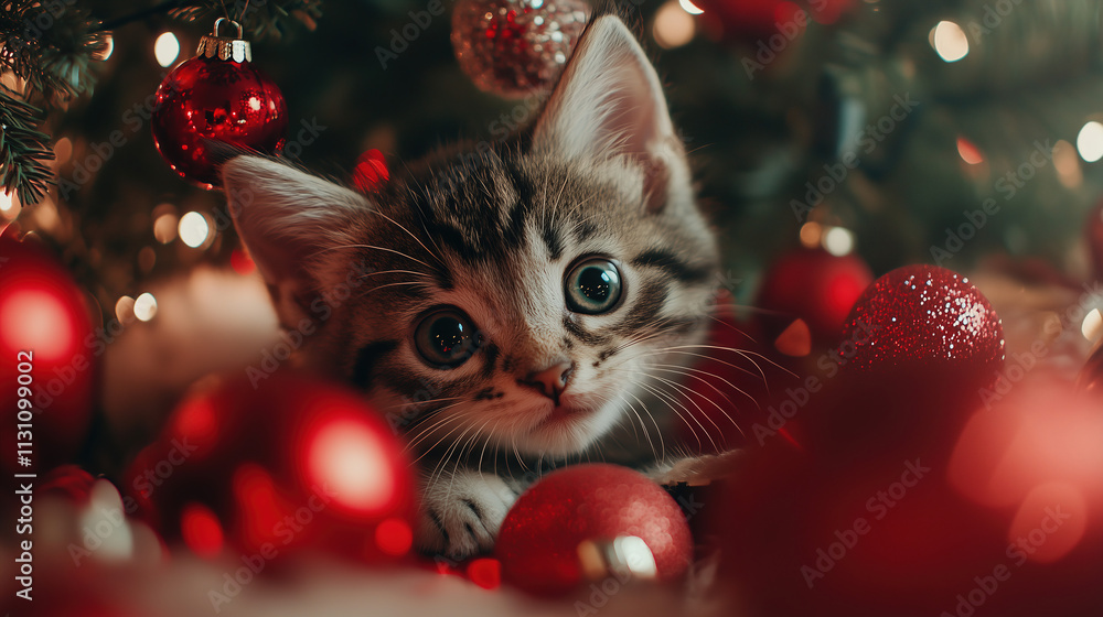 Obraz premium Curious kitten exploring festive decorations and sparkling ornaments during a cozy Christmas celebration. Generative AI